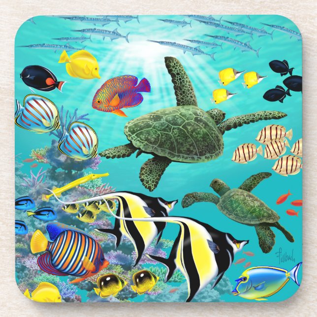 Molokini Cove Hawaiian Tropical Fish Sea Turtle Beverage Coaster (Front)