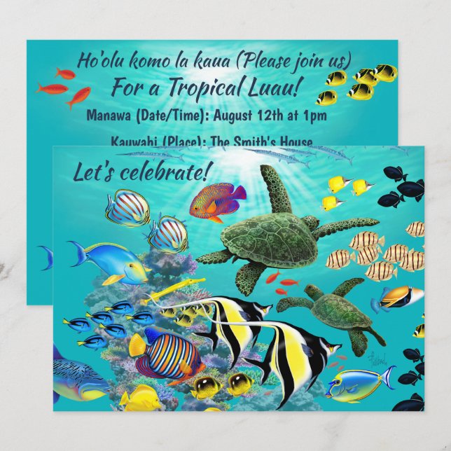 Molokini Cove Hawaiian Tropical Fish Sea Turtle Invitation (Front/Back)