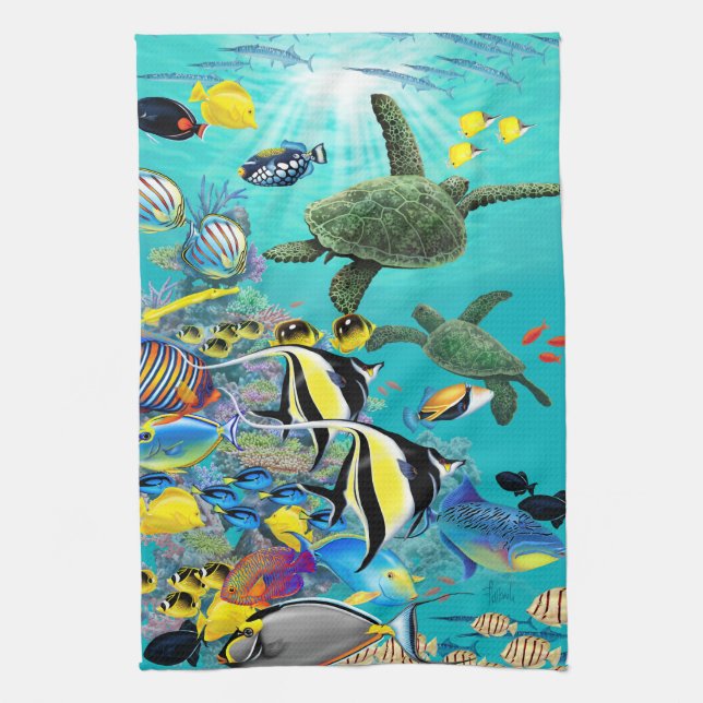 Molokini Cove Hawaiian Tropical Fish Sea Turtle Kitchen Towel (Vertical)