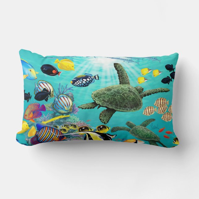 Molokini Cove Hawaiian Tropical Fish Sea Turtle Lumbar Pillow (Front)