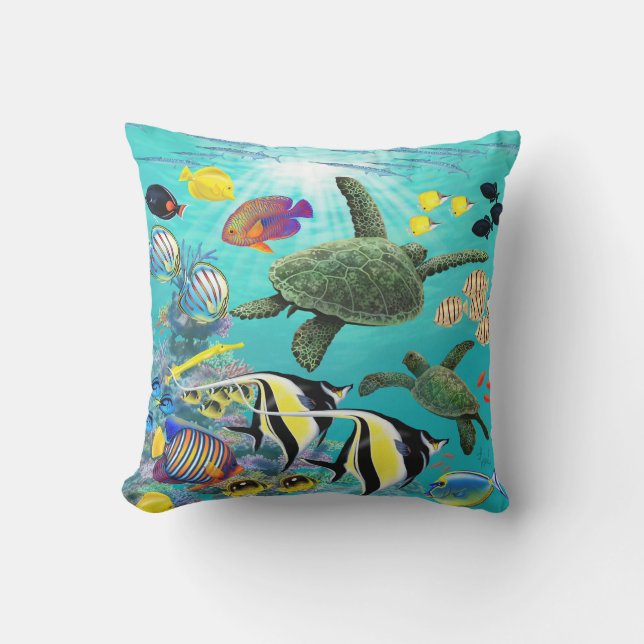 Molokini Cove Hawaiian Tropical Fish Sea Turtle Outdoor Pillow (Front)