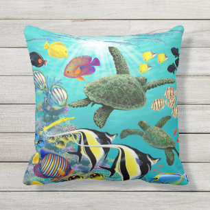 Molokini Cove Hawaiian Tropical Fish Sea Turtle Outdoor Pillow