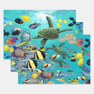 Molokini Cove Hawaiian Tropical Fish Turtle Trio Wrapping Paper Sheets
