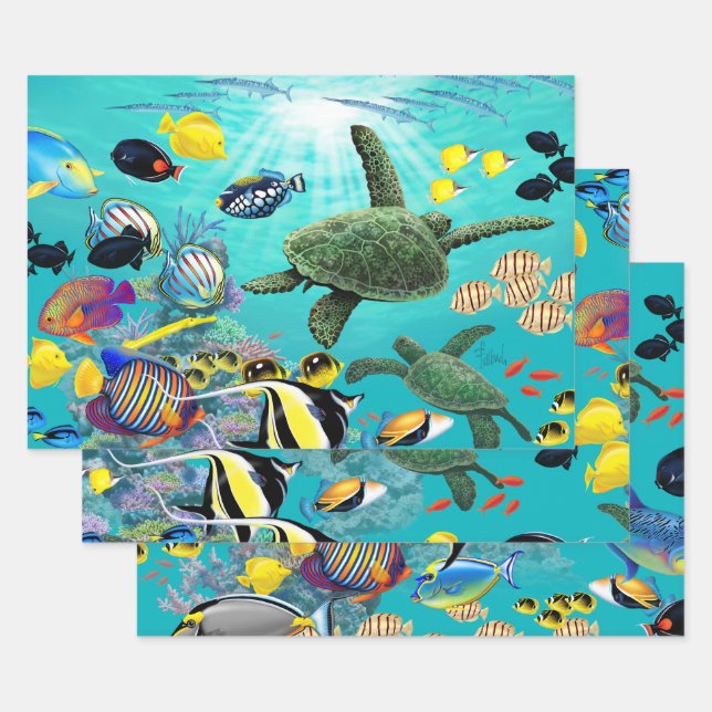 Molokini Cove Hawaiian Tropical Fish Turtle Trio Wrapping Paper Sheets (Set)