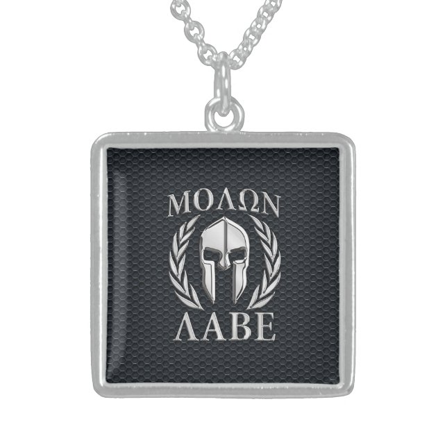 Molon Labe Chrome Like Spartan Helmet on Grille Sterling Silver Necklace (Front)