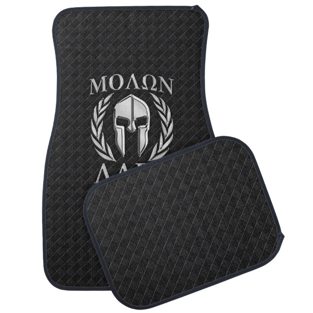 Molon Labe Chrome Spartan Helmet on Black Checkers Car Mat (Set)
