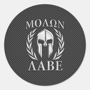 Molon Labe Chrome Spartan Helmet on Carbon Fiber Classic Round Sticker