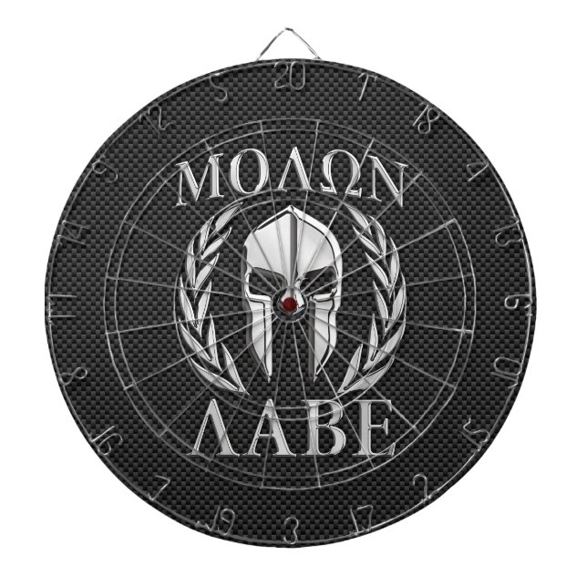 Molon Labe Chrome Spartan Helmet on Carbon Fiber Dartboard (Front)
