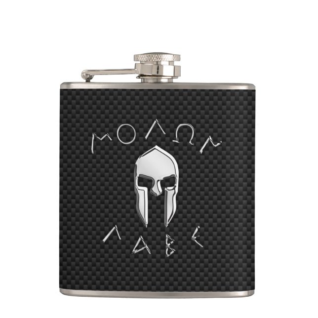 Molon Labe Chrome Spartan Helmet on Carbon Fiber Hip Flask (Front)