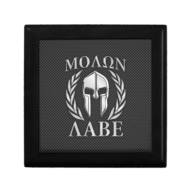 Molon Labe Chrome Spartan Helmet on Carbon Fiber Jewelry Box (Front)