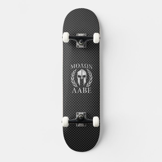 Molon Labe Chrome Spartan Helmet on Carbon Fiber Skateboard Deck (Front)