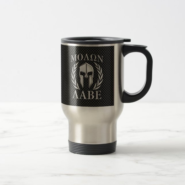 Molon Labe Chrome Spartan Helmet on Carbon Fiber Travel Mug (Right)