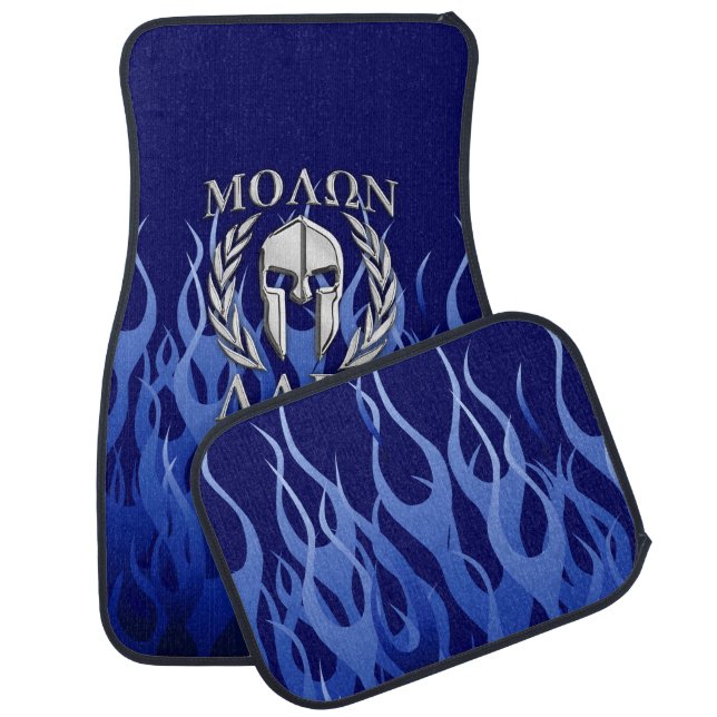 Molon Labe Chrome Spartan Helmet on Flames Car Floor Mat (Set)