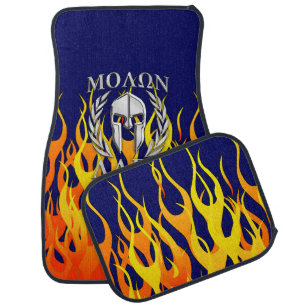 Molon Labe Chrome Spartan Helmet on Flames Car Mat