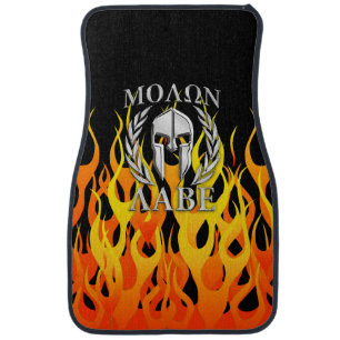 Molon Labe Chrome Spartan Helmet on Racing Flames Car Mat
