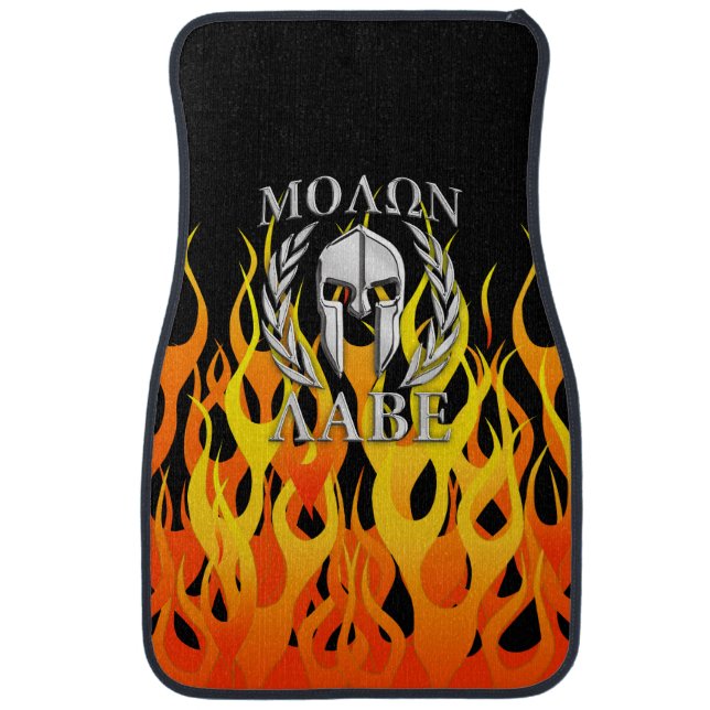 Molon Labe Chrome Spartan Helmet on Racing Flames Car Mat (Front)