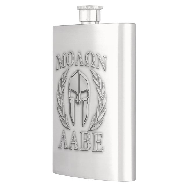 Molon Labe Chrome Spartan Helmet Print Flask (Left)