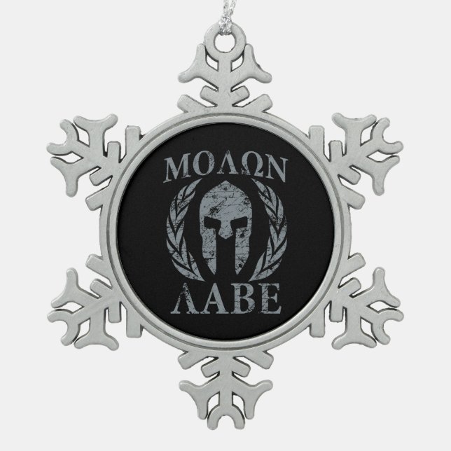 Molon Labe Grunge Spartan Armor Snowflake Pewter Christmas Ornament (Front)