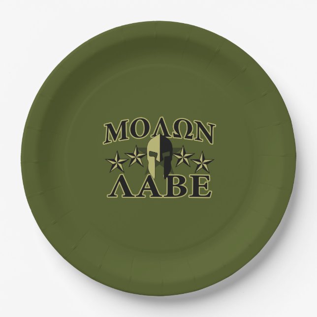 Molon Labe Spartan 5 stars Olive Green Paper Plates (Front)