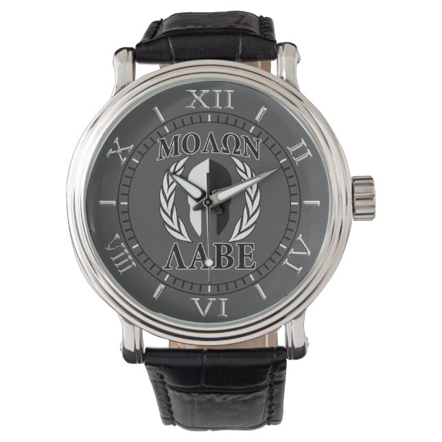 Molon Labe Spartan Helmet Laurels Charcoal Dial Watch (Front)