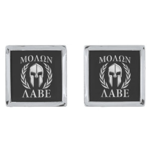 Molon Labe Spartan Helmet Laurels on Black Silver Cufflinks
