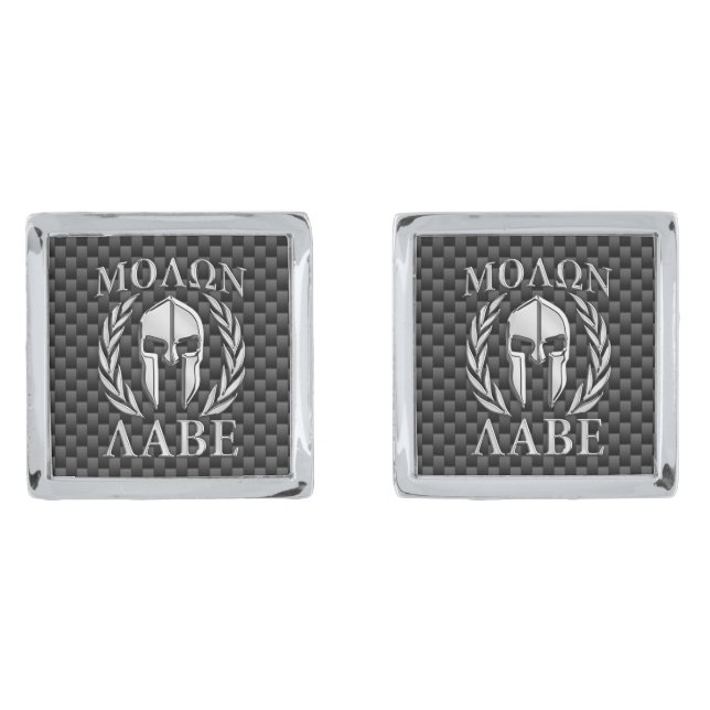 Molon Labe Spartan Helmet Laurels on Carbon Silver Cufflinks (Front)