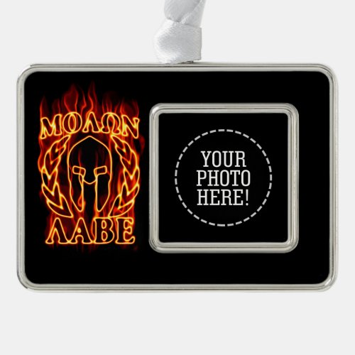 Molon Labe Spartan Hot Warrior on Fire on Black Silver Plated Framed Ornament