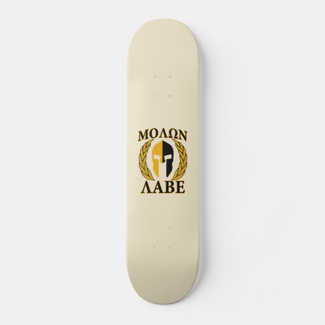 Molon Labe Spartan Mask Laurels Beige Accent Skateboard Deck (Front)
