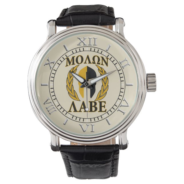 Molon Labe Spartan Mask Laurels Beige Dial Watch (Front)
