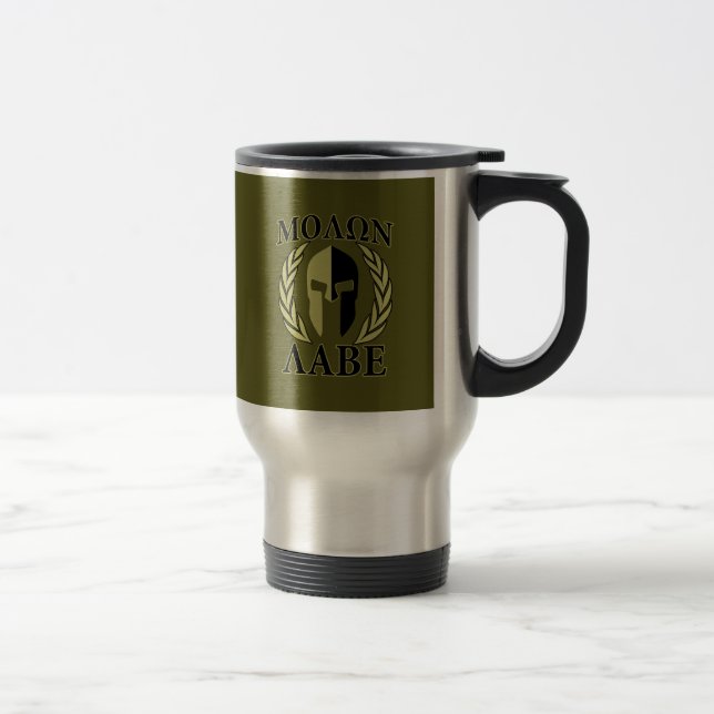 Molon Labe Spartan Mask Laurels Olive Green Travel Mug (Right)