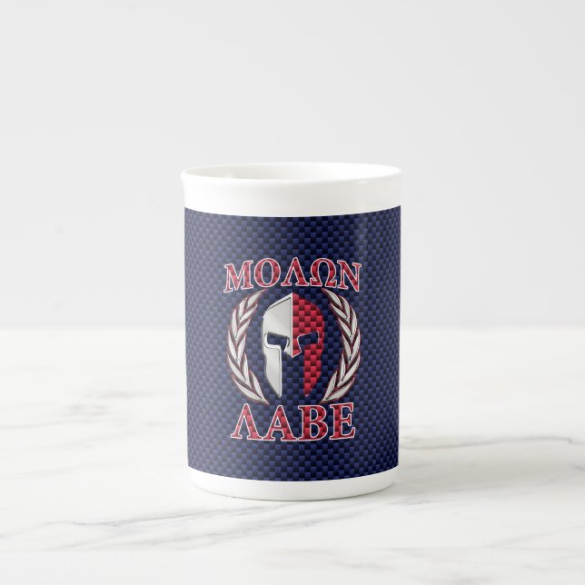 Molon Labe Spartan Warrior Blue Carbon Fiber Print Bone China Mug (Front)