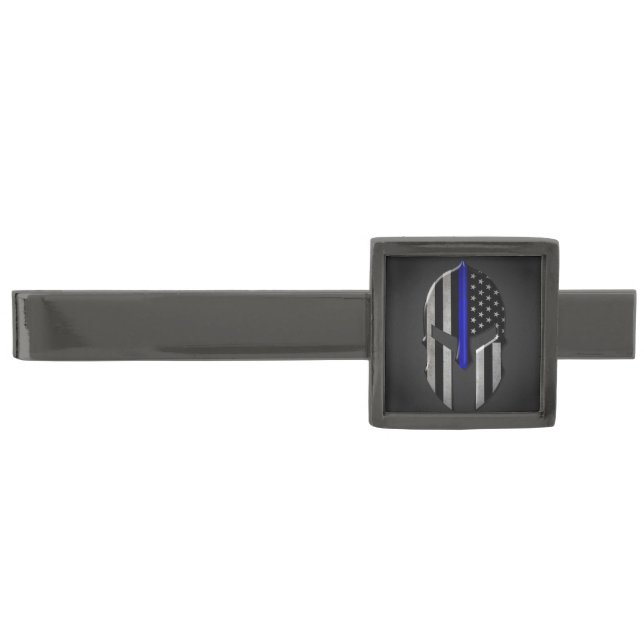 Molon Labe Thin Blue Line Gunmetal Finish Tie Bar (Front)