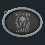 Molon Labe Warrior Mask Laurels on Black Oval Belt Buckle<br><div class="desc">A grunge distressed style charcoal Spartan Warrior Helmet Molon Labe mask in laurels on a black decor for a fine custom gift idea. Come and get them! Use the "Ask this Designer" link to contact us with your special design requests or for some assistance with any of your customization needs....</div>