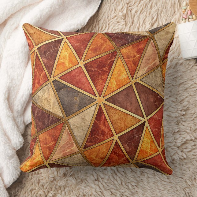 Molten Amber and Crimson Geometric - Marble Mosaic Throw Pillow (Blanket)