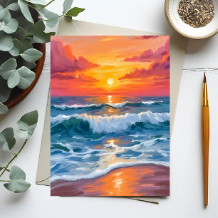 Molten Horizon Ocean Wave Sunset Watercolor Card