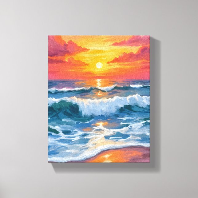 Molten Horizon | Ocean Waves Sunset Watercolor Canvas Print (Front)