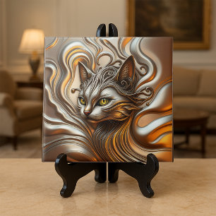 Molten Liquid Metallic Gold and Silver Cat Head Ceramic Tile