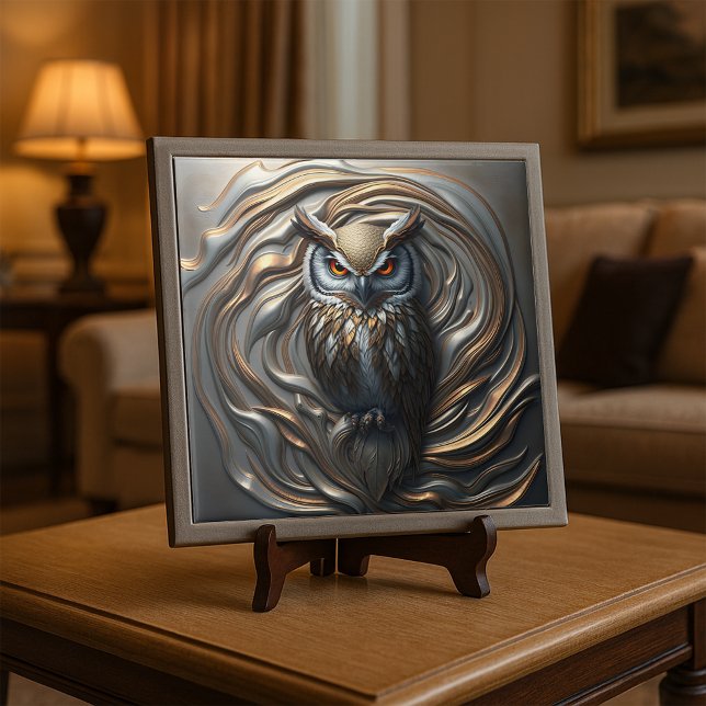 Molten Metallic Gold and Silver Sculpted Owl Art Ceramic Tile (Creator Uploaded)
