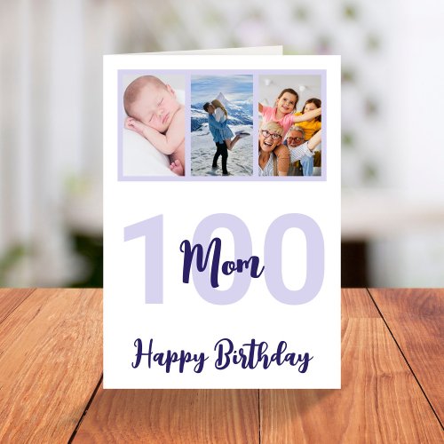 Mom 100th Birthday Purple Script Photo Collage Card
