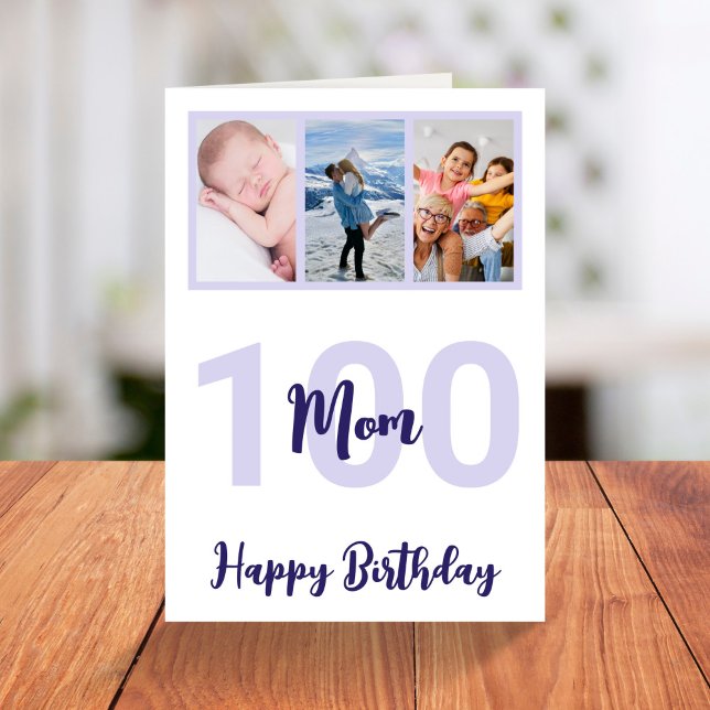 Mom 100th Birthday Purple Script Photo Collage Card (Creator Uploaded)