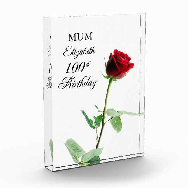 Mom 100th Birthday Red Rose Flower Personalized Acrylic Award (Left)