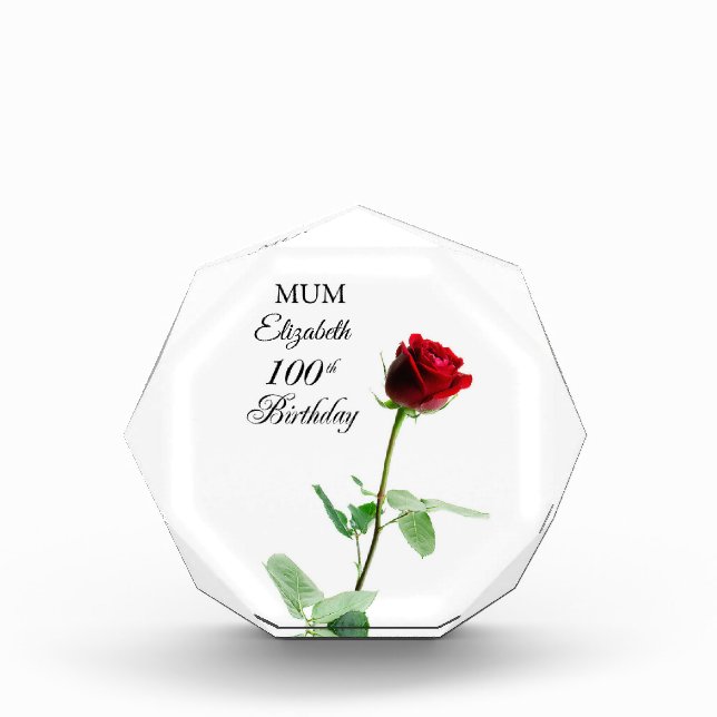 Mom 100th Birthday Red Rose Flower Personalized Acrylic Award (Front)