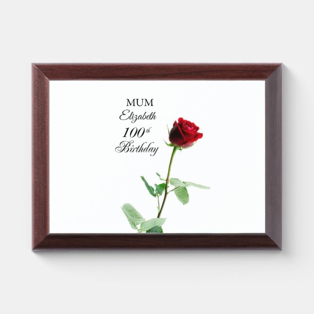 Mom 100th Birthday Red Rose Flower Personalized Award Plaque (Horizontal)