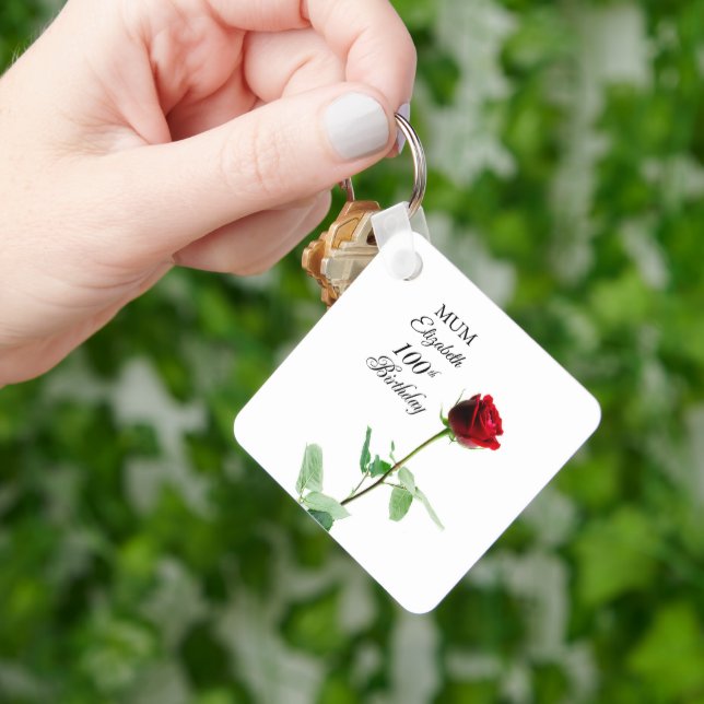 Mom 100th Birthday Red Rose Flower Personalized Keychain (Hand)