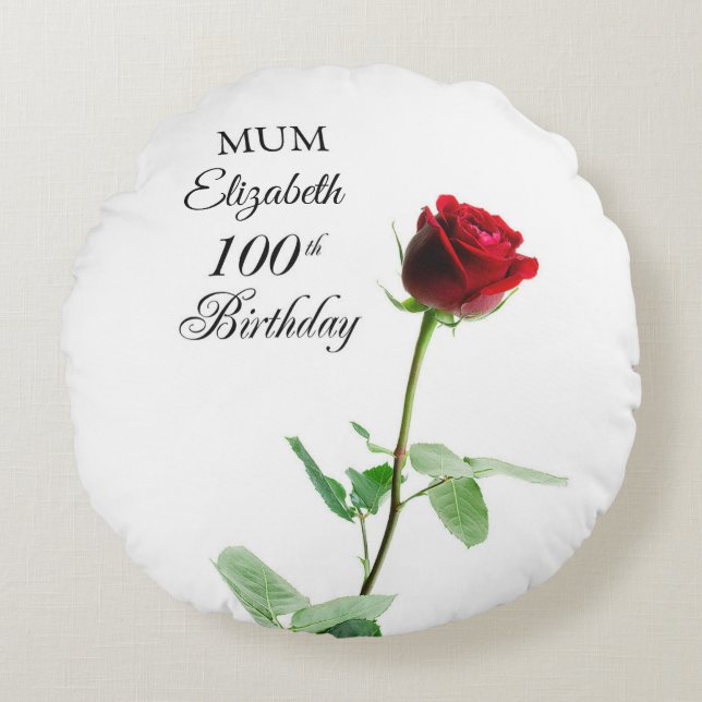 Mom 100th Birthday Red Rose Flower Personalized Round Pillow (Front)
