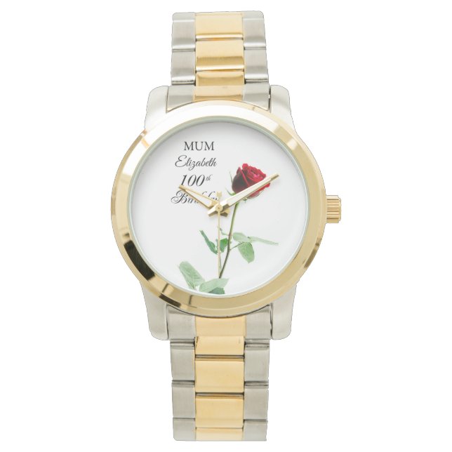 Mom 100th Birthday Red Rose Flower Personalized Watch (Front)
