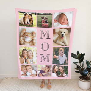 Mom 10 Photo Collage Pink Sherpa Blanket