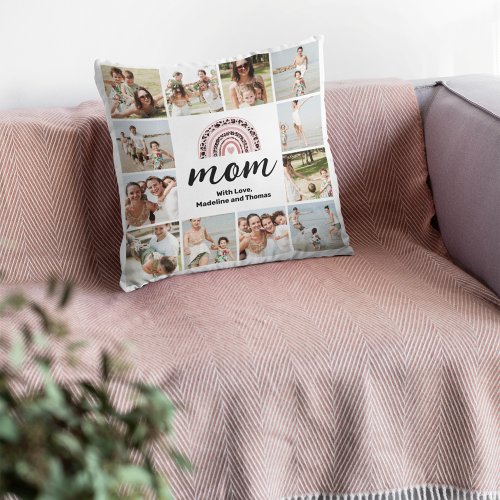 Mom 12 Photo Collage Rainbow Throw Pillow