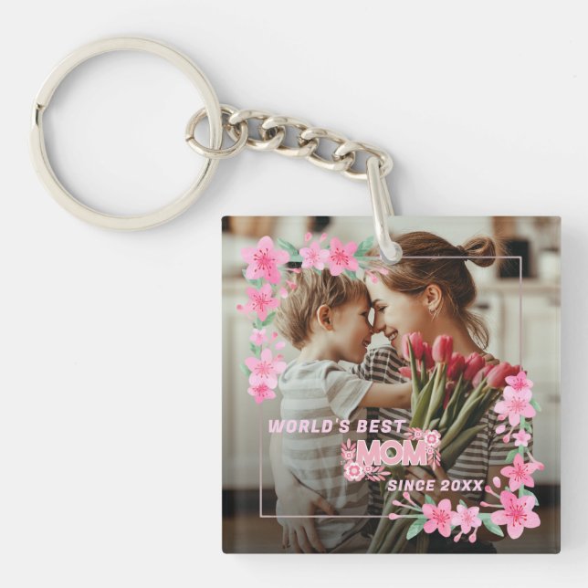 Mom 1 photo modern elegant pink girly mothers day  keychain (Front)