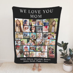 Mom 30 Photo Collage Black Fleece Blanket
